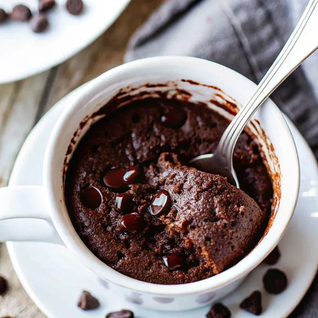 Home 23 Final high protein chocolate mug cake with chocolate chips on top