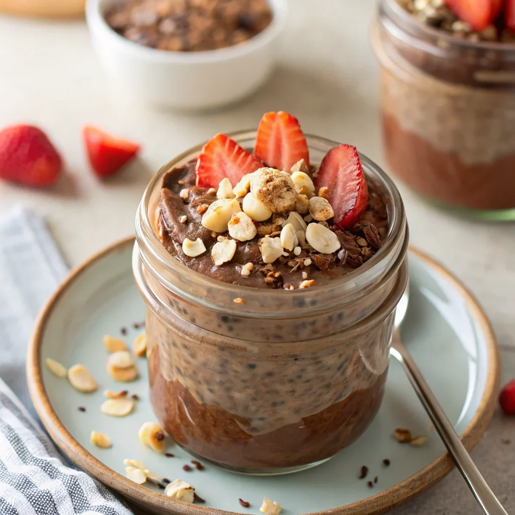 Recipe Index 23 Nutella overnight oats topped with raspberries and pistachios, creamy texture with glossy chocolate swirl